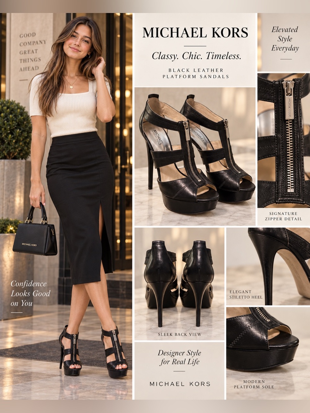 Michael Kors Black Strappy T-Zip Platform stiletto Heels size 8